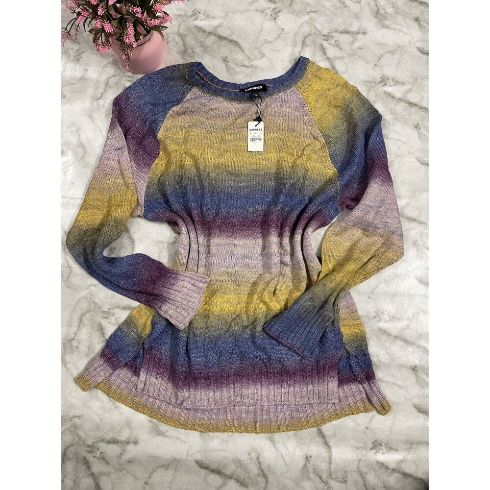 VINTAGE Y2K Express Ombre Multicolor Tunic Sweater Woman Sm Crew Neck Oversized